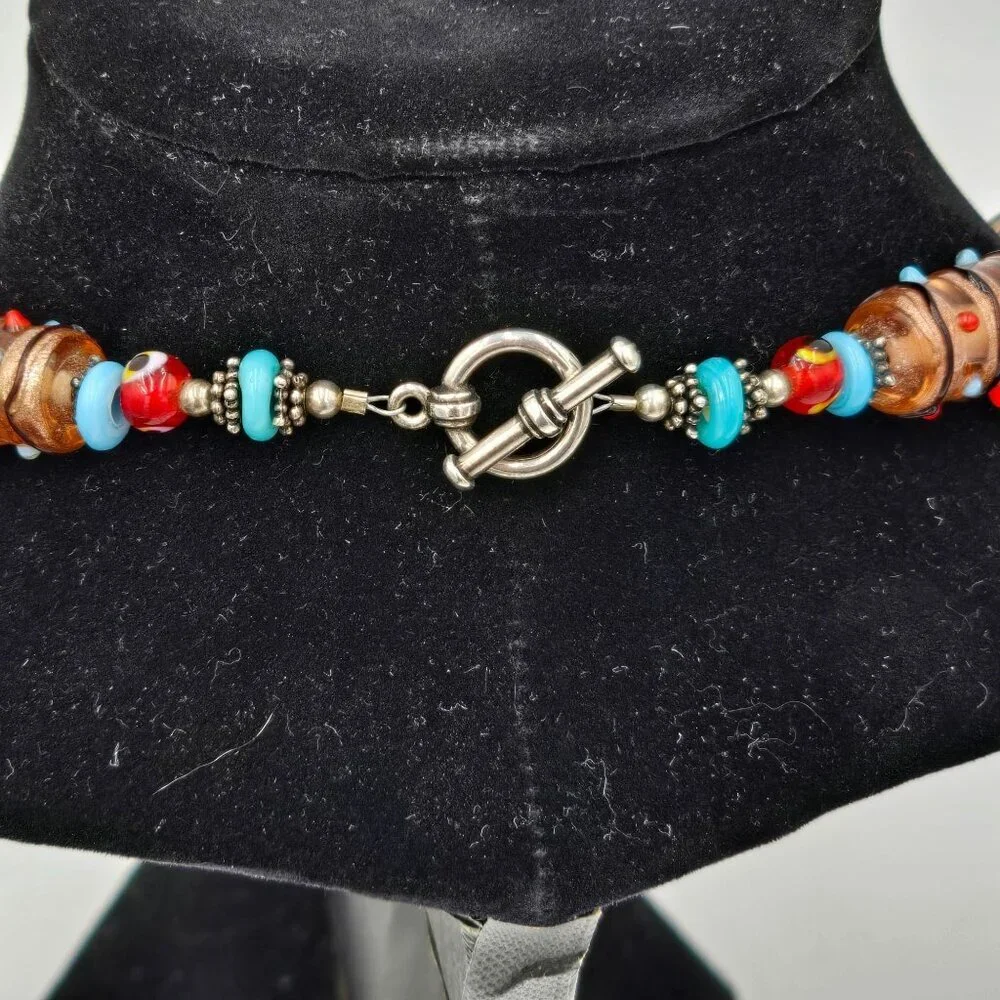 Vintage Handmade Boho Foil Glass Beaded 16" Necklace With Blue & Red Accents - Picture 6 of 9